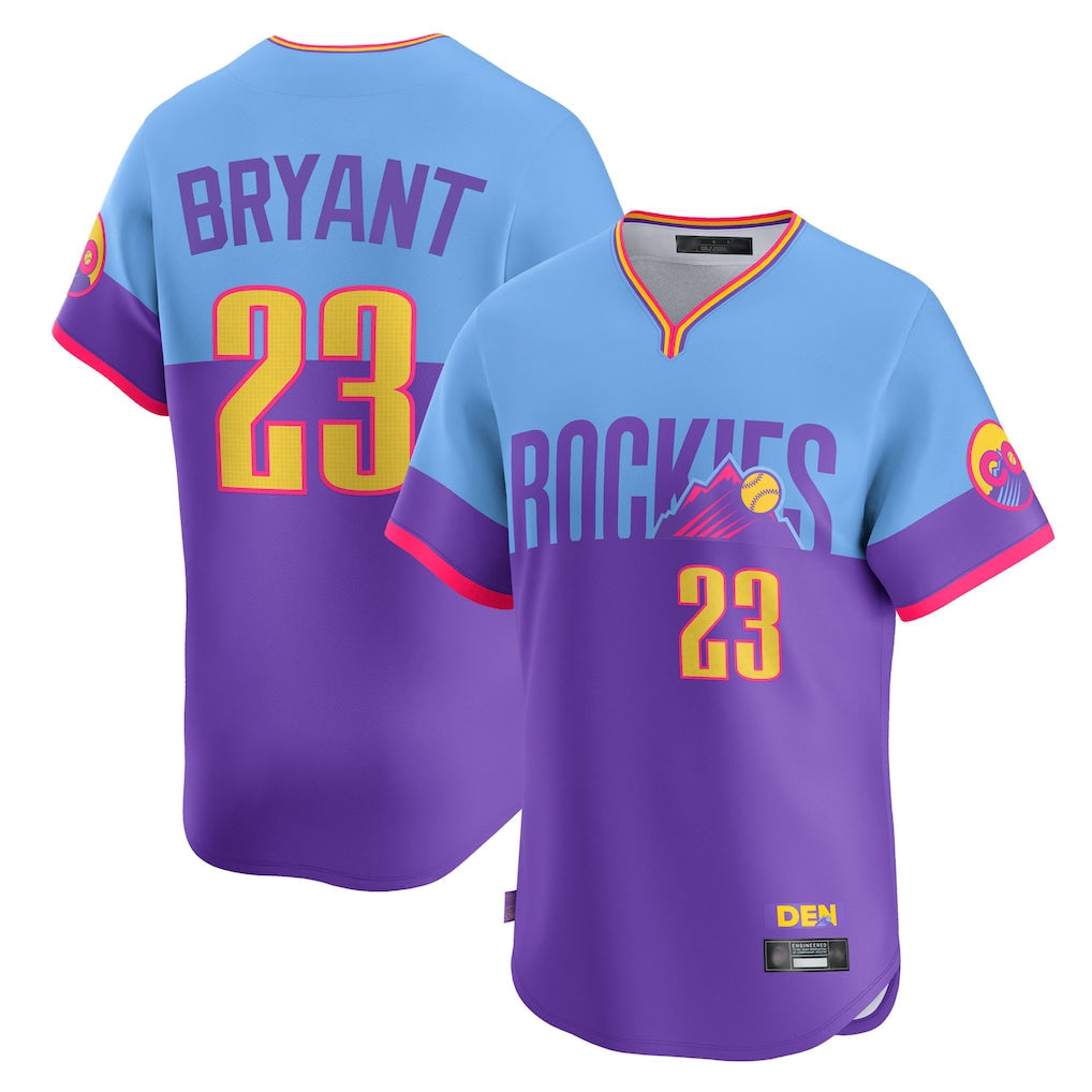 Jamed C.Rockies #23 Kris Bryant Player Purple-Light Blue City Connect Limited Home T-shirt Stitched Jerseys