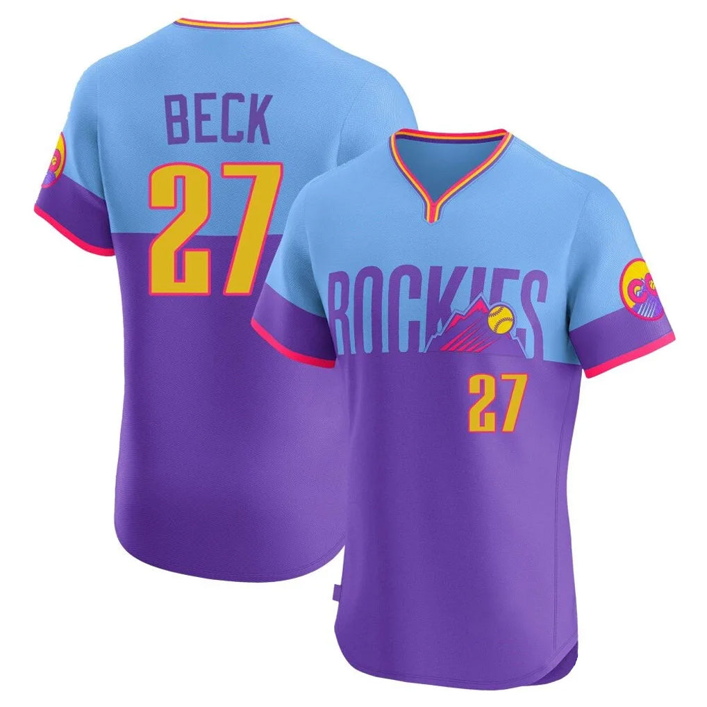 Jamed C.Rockies #27 Jordan Beck Player Purple-Light Blue City Connect Limited Elite Home T-shirt Stitched Jerseys