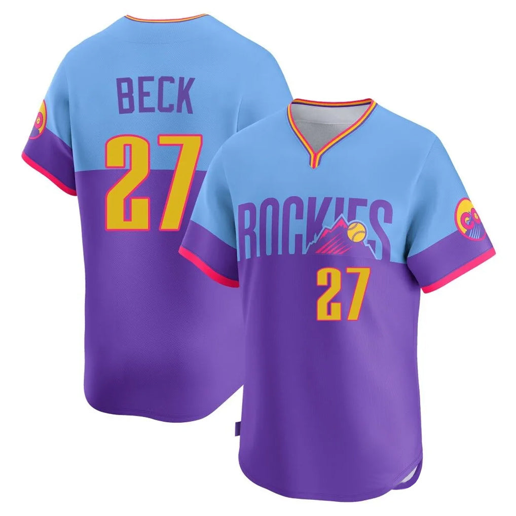 Jamed C.Rockies #27 Jordan Beck Player Purple-Light Blue City Connect Limited Home T-shirt Stitched Jerseys
