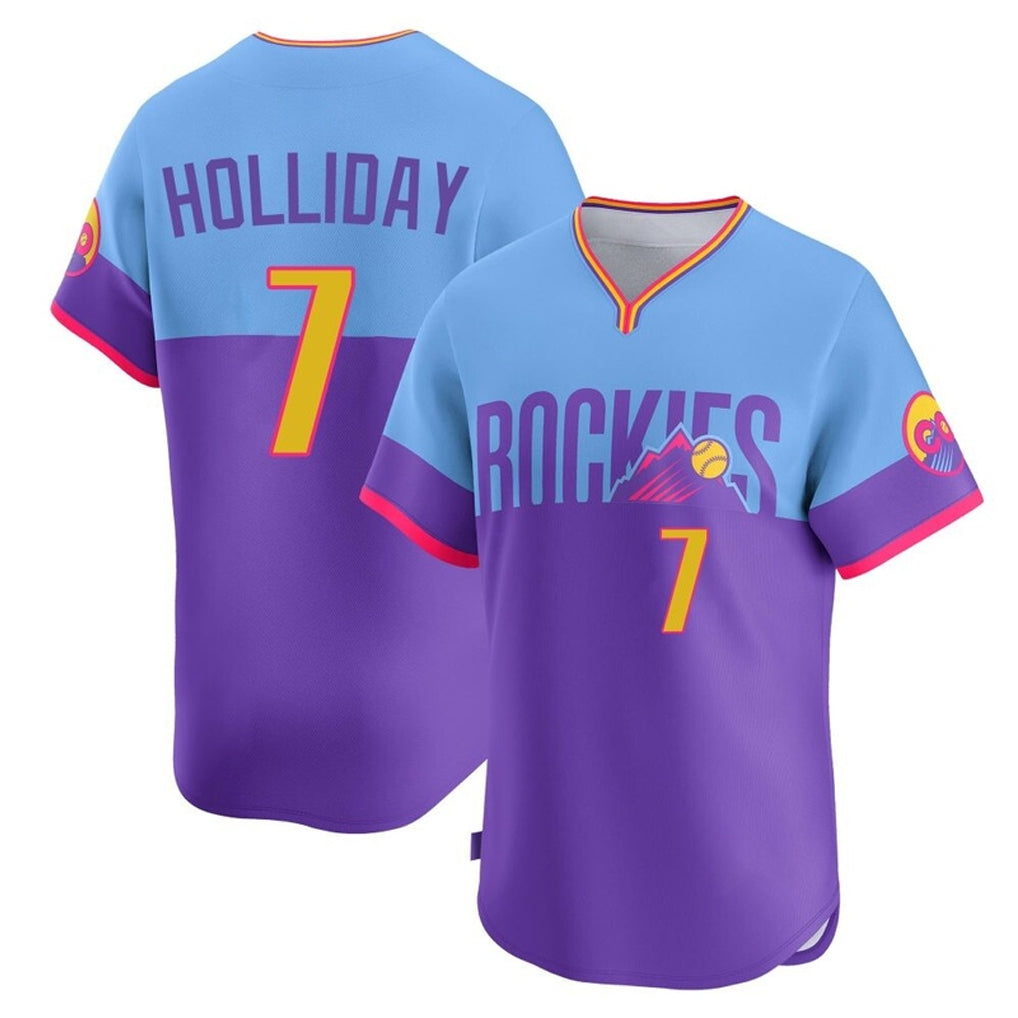 Jamed C.Rockies #7 Matt Holliday Player Purple-Light Blue City Connect Limited Home T-shirt Stitched Jerseys