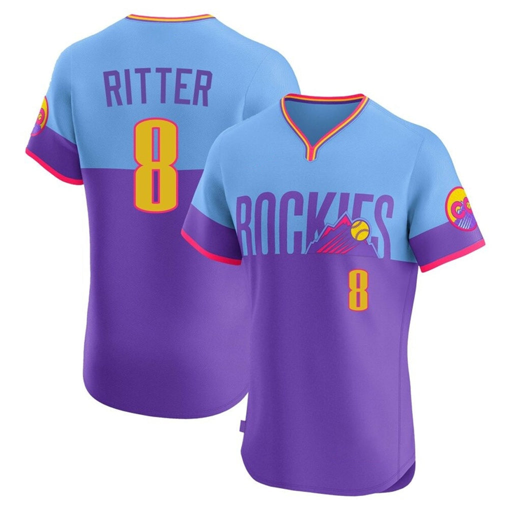 Jamed C.Rockies #8 Ryan Ritter Player Purple-Light Blue City Connect Limited Elite Home T-shirt Stitched Jerseys