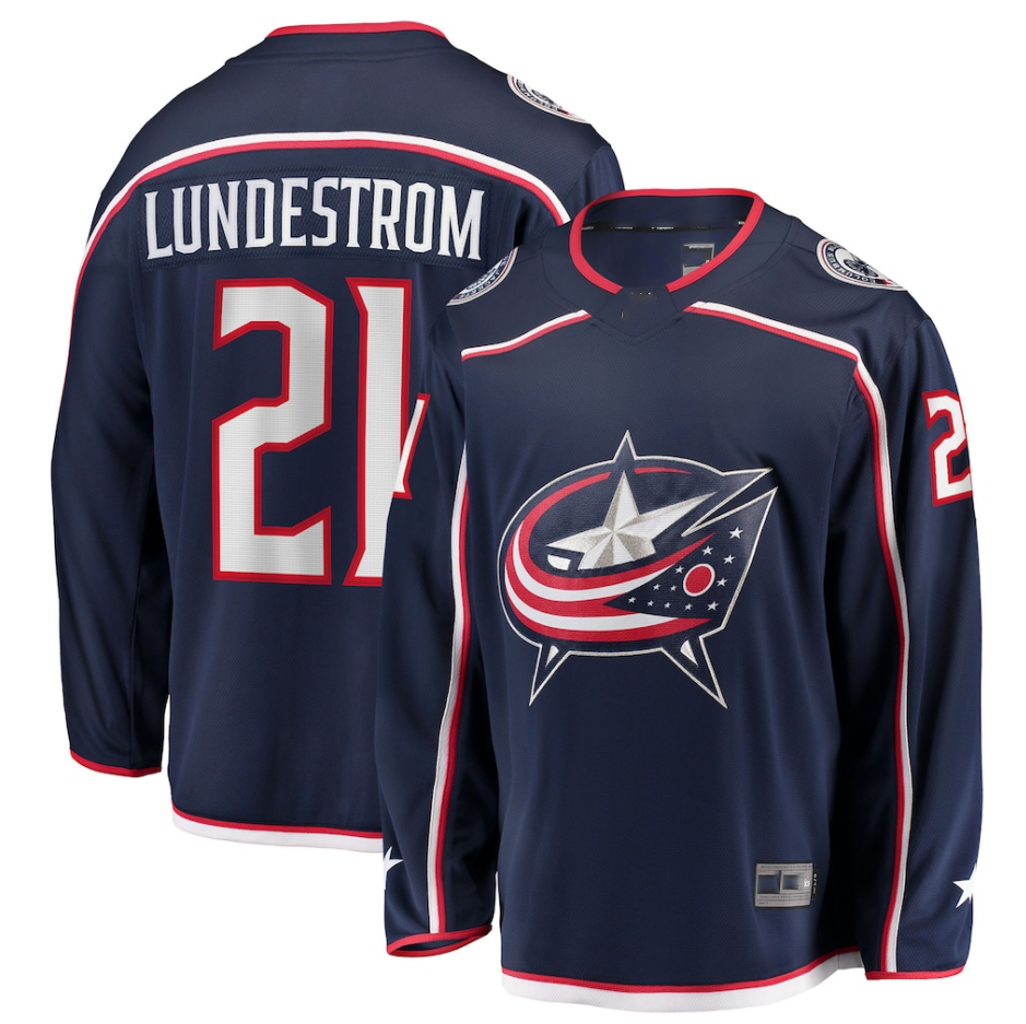 Jamed CB.Jackets #21 Isac Lundestrom Navy Home Breakaway Jersey