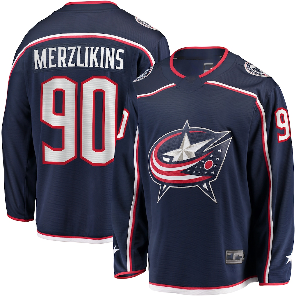 Jamed CB.Jackets #90 Elvis Merzlikins Navy Home Breakaway Player Jersey