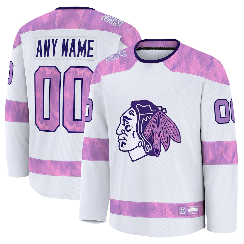 Jamed Custom C.Blackhawks White 2024 Hockey Fights Cancer Practice Jerseys
