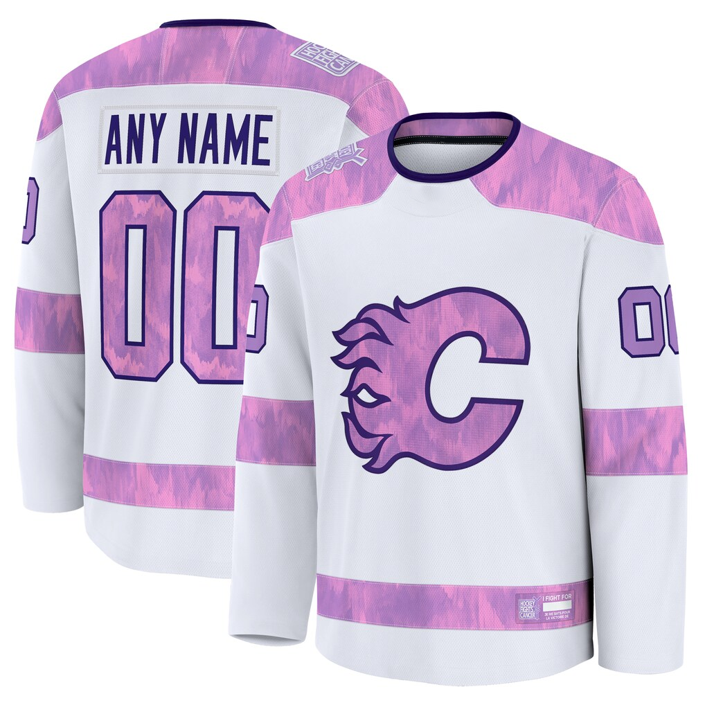 Jamed Custom C.Flames White 2024 Hockey Fights Cancer Practice Jerseys