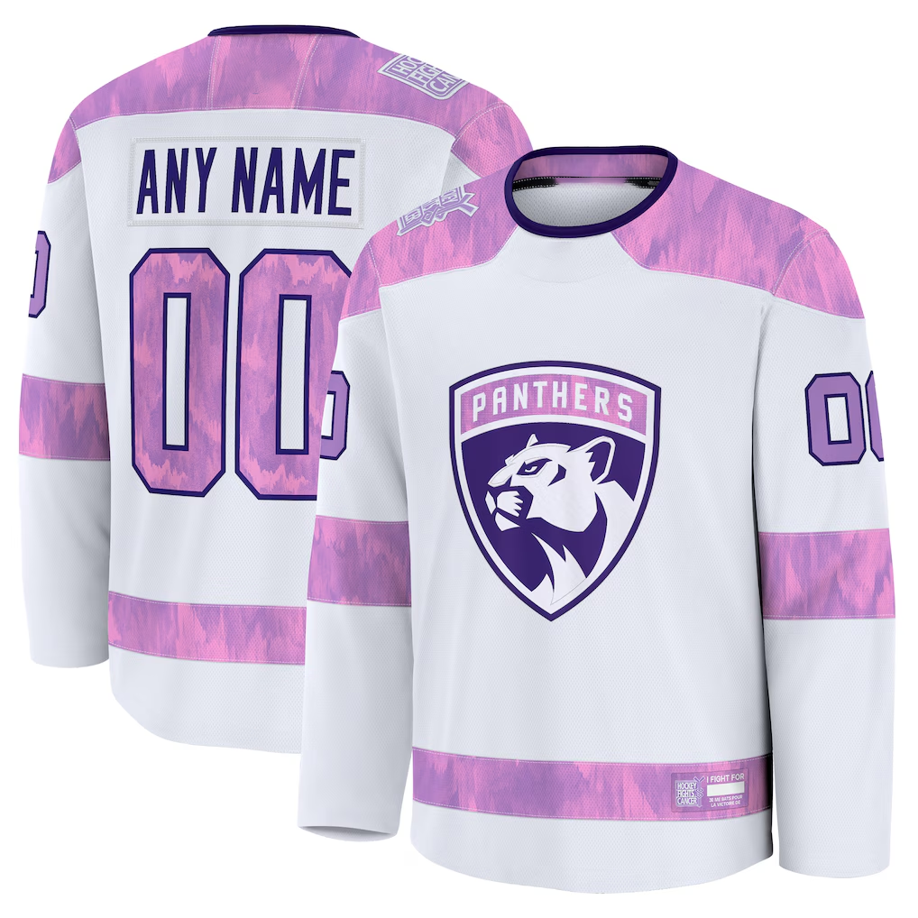 Jamed Custom F.Panthers White 2024 Hockey Fights Cancer Practice Jerseys