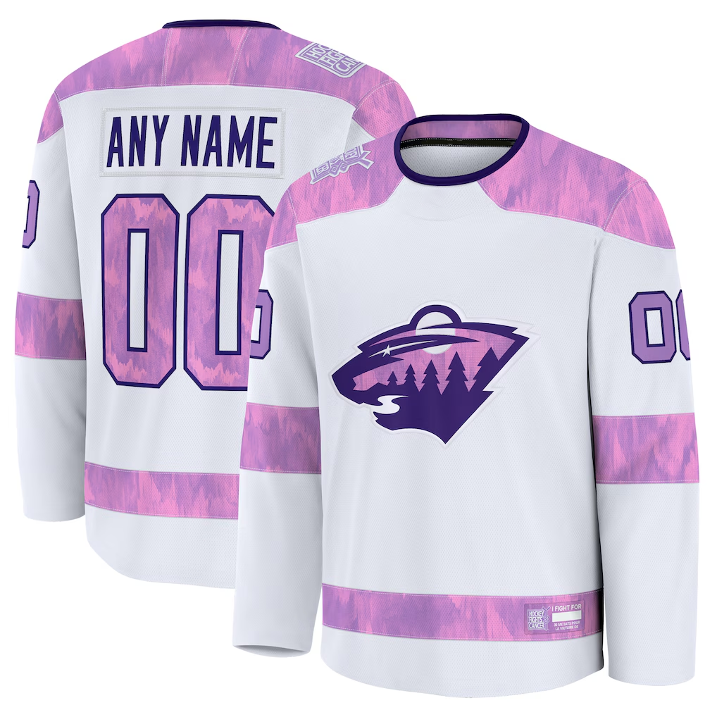 Jamed Custom M.Wild White 2024 Hockey Fights Cancer Practice Jerseys