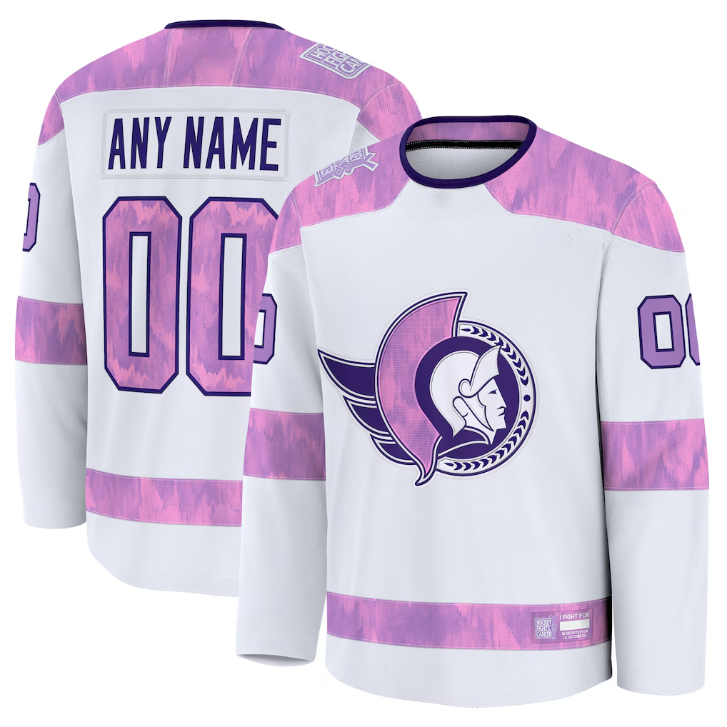 Jamed Custom O.Senators White 2024 Hockey Fights Cancer Practice Jerseys