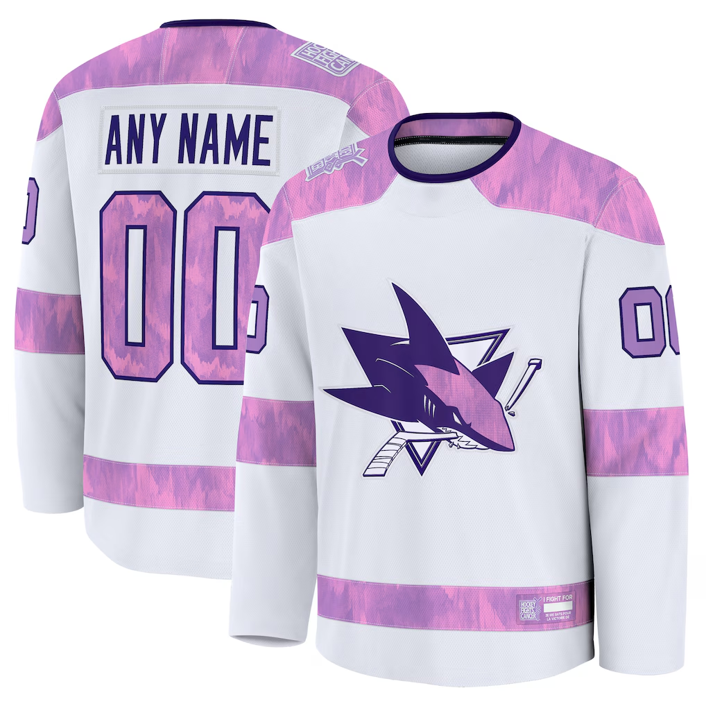 Jamed Custom S.Jose Sharks White 2024 Hockey Fights Cancer Practice Jerseys