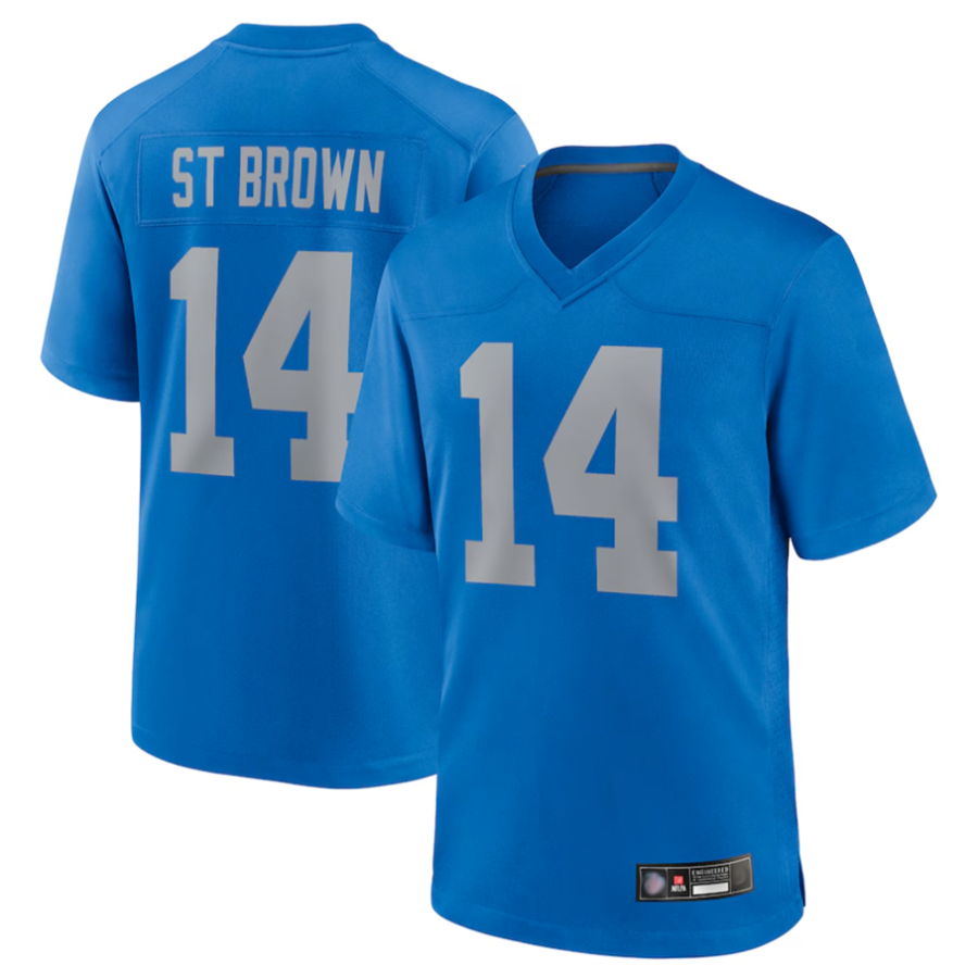 Jamed D.Lions #14 Amon-Ra St. Brown Player Blue Game Replica Stitched Jerseys