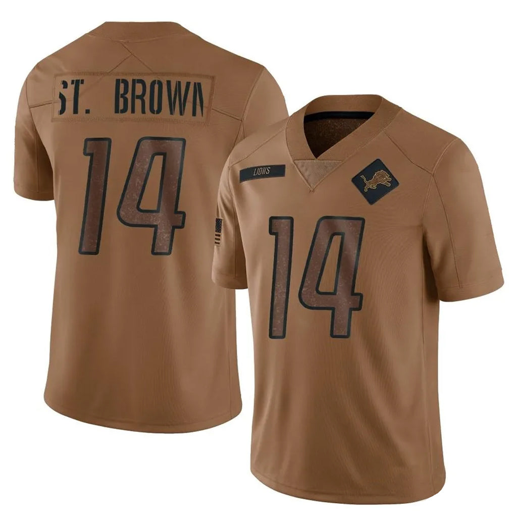 Jamed D.Lions #14 Amon-Ra St. Brown Player Brown Salute To Service Limited Stitched Jerseys