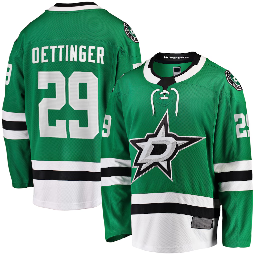 Jamed D.Stars #29 Jake Oettinger Kelly Green Home Breakaway Player Jerseys