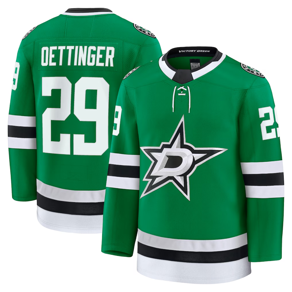 Jamed D.Stars #29 Jake Oettinger Kelly Green Home Premium Jerseys