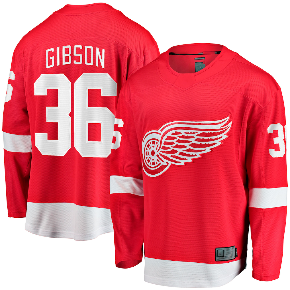 Jamed D.Red wings #36 John Gibson Red Home Breakaway Jerseys