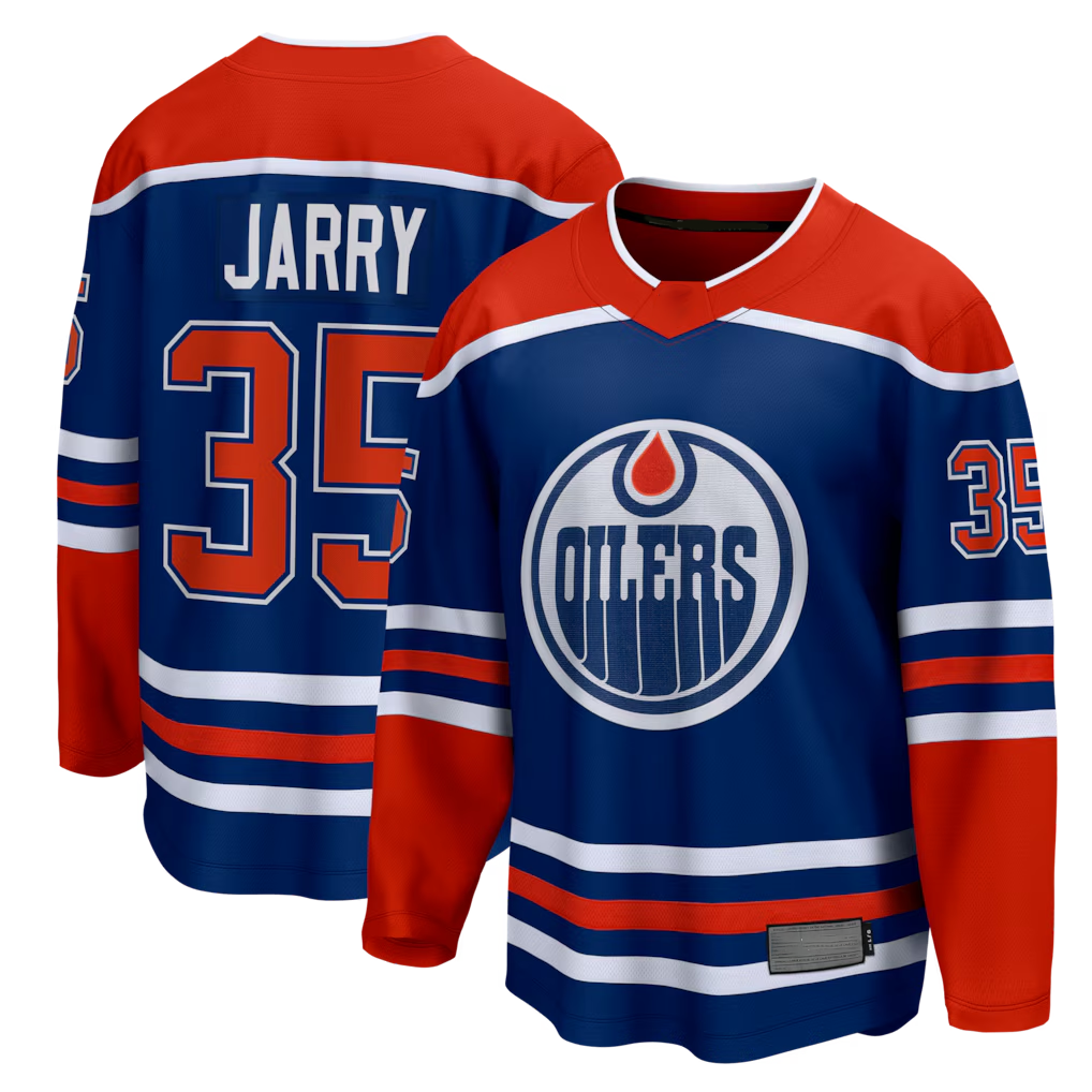 Jamed E.Oilers #35 Tristan Jarry Royal Home Premier Breakaway Player Jerseys