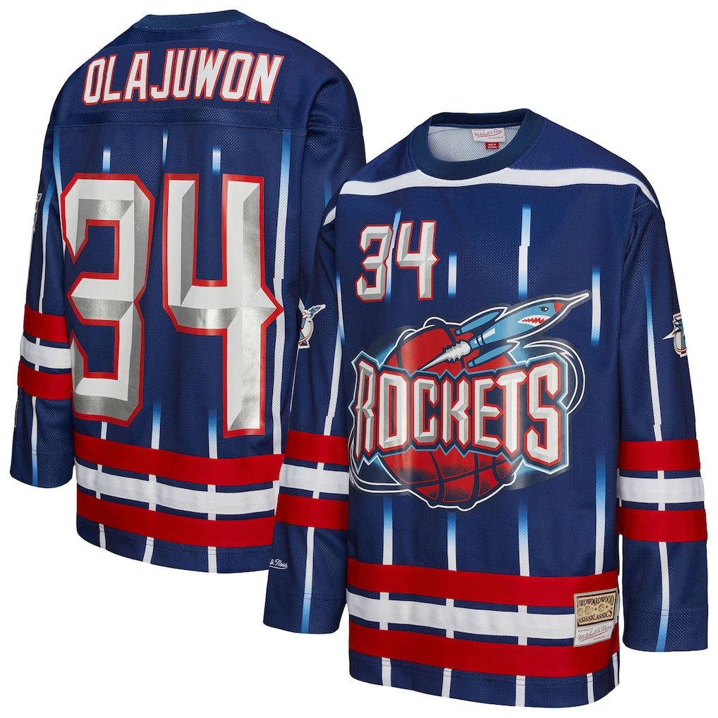 Jamed H.Rockets #34 Hakeem Olajuwon Mitchell & Ness Navy Maxxed Out Fashion Hockey Stitched Jerseys