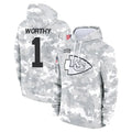 Jamed KC.Chiefs #1 Xavier Worthy Player Arctic Camo Salute to Service Hoodies Stitched Jerseys