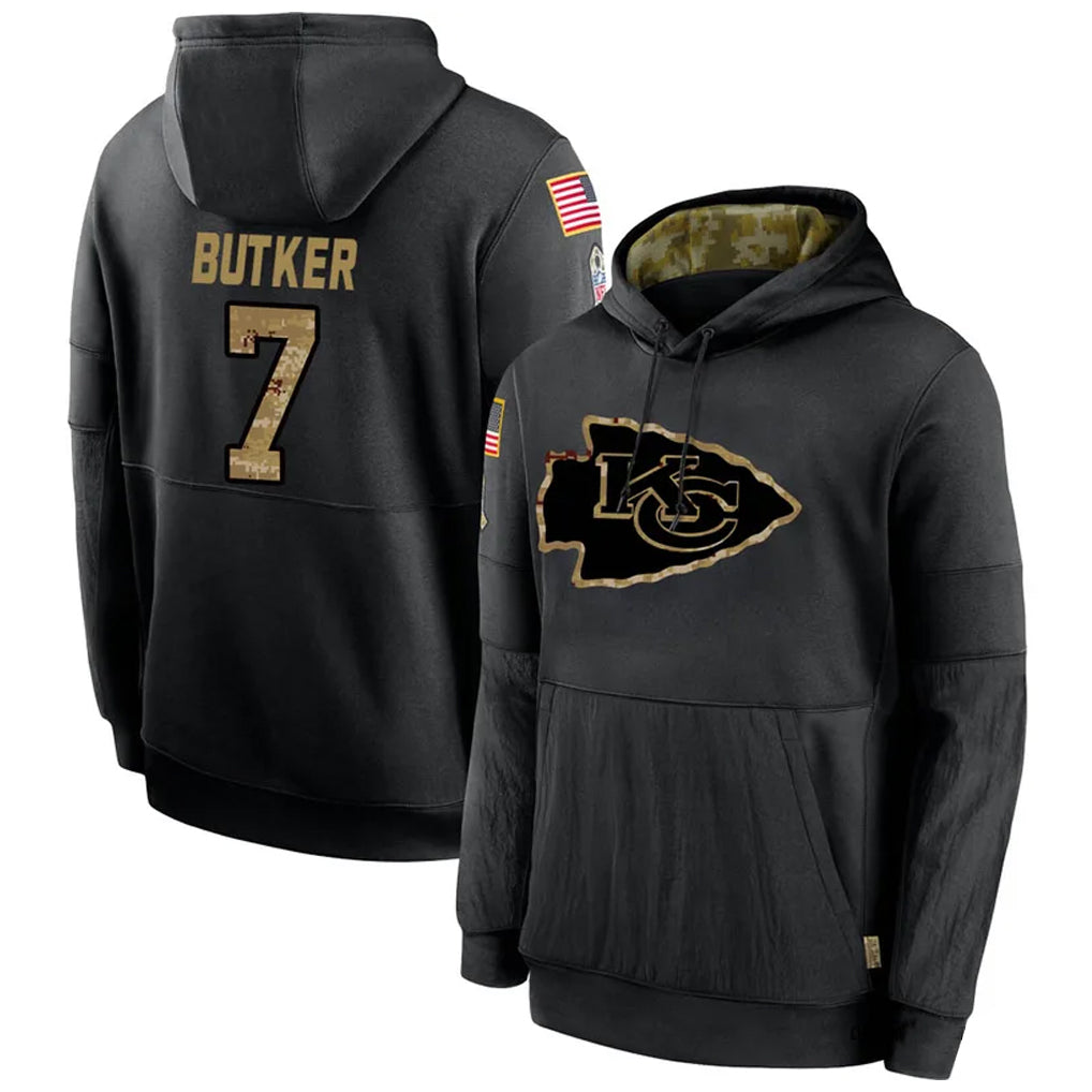 Jamed KC.Chiefs #7 Harrison Butker Player Black Salute to Service Hoodies Stitched Jerseys