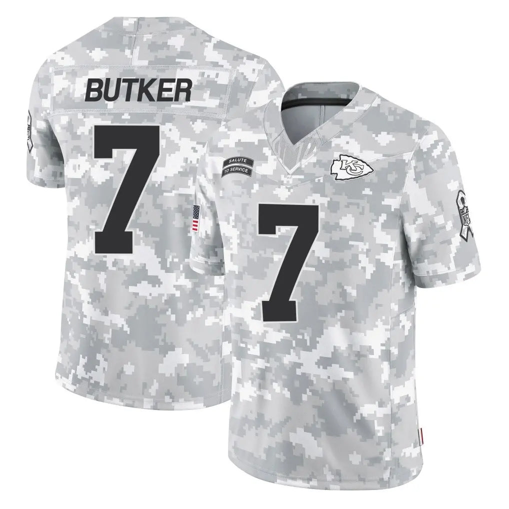 Jamed KC.Chiefs #7 Harrison Butker Player Limited Arctic Camo Salute to Service Stitched Jerseys