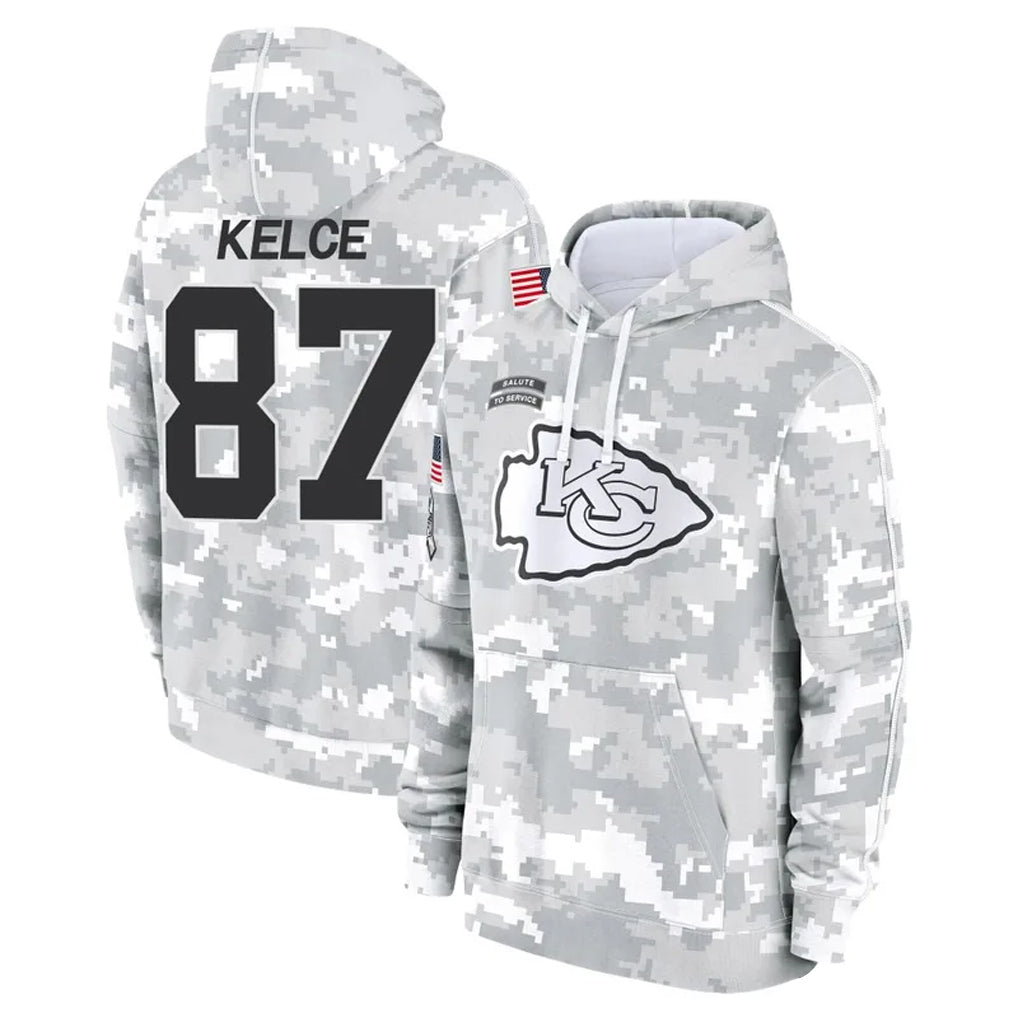 Jamed KC.Chiefs #87 Travis Kelce Player Arctic Camo Salute to Service Hoodies Stitched Jerseys