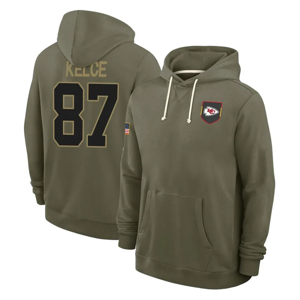 Jamed KC.Chiefs #87 Travis Kelce Player Olive Salute to Service Hoodies Stitched Jerseys