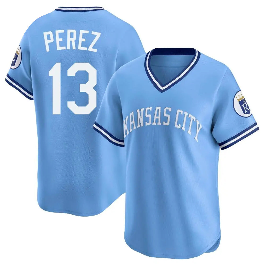 Jamed KC.Royals #13 Salvador Perez Player Light Blue Limited Throwback Cooperstown Collection T-shirt Stitched Jerseys