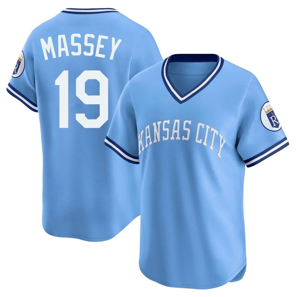 Jamed KC.Royals #19 Michael Massey Player Light Blue Limited Throwback Cooperstown Collection T-shirt Stitched Jerseys
