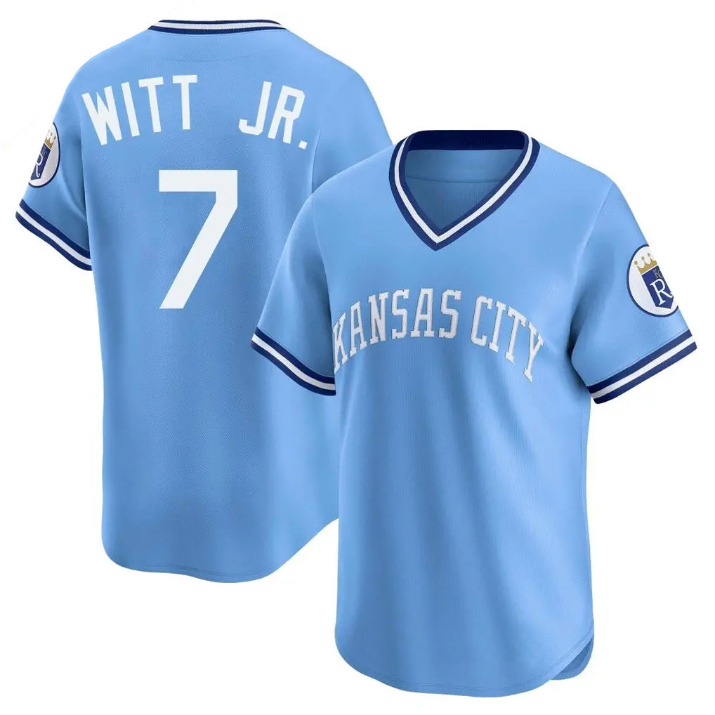 Jamed KC.Royals #7 Bobby Witt Jr. Player Light Blue Limited Throwback Cooperstown Collection T-shirt Stitched Jerseys