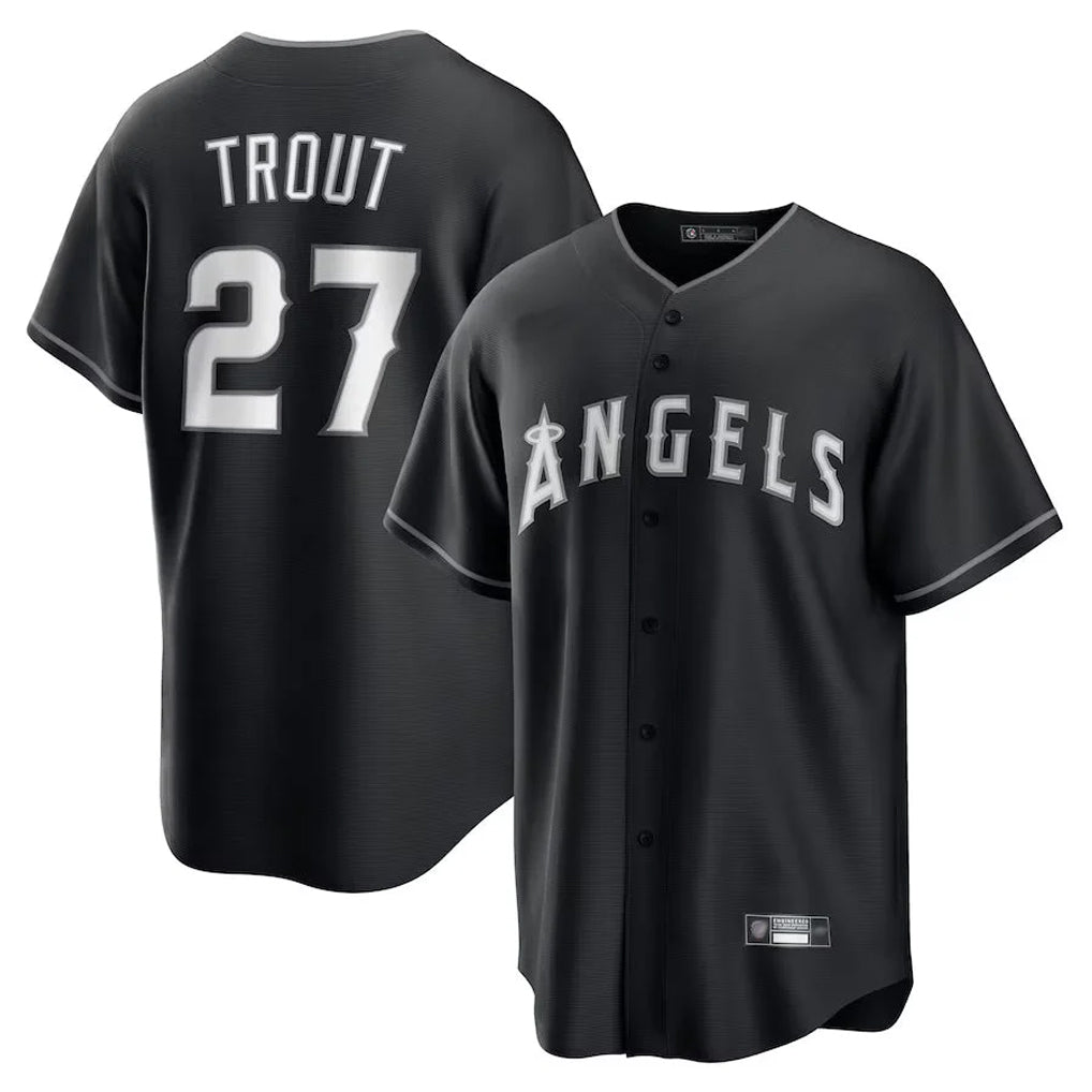 Jamed LA.Angels #27 Mike Trout Player Black Lights Out Fashion T-shirt Stitched Jerseys