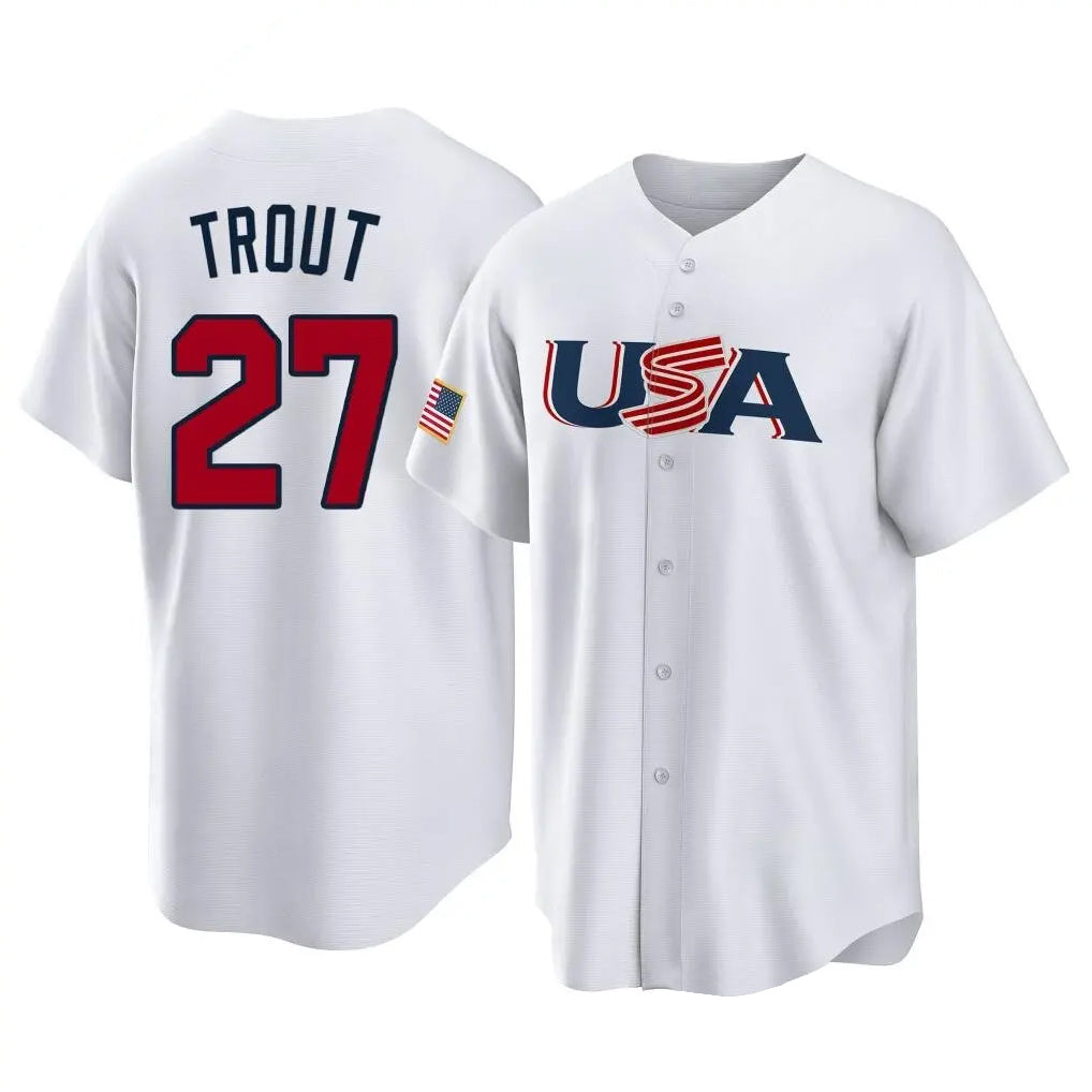 Jamed LA.Angels #27 Mike Trout Player White USA World Classic Game Home Stitched Jerseys