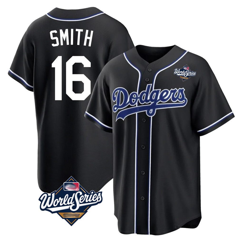Jamed LA.Dodgers #16 Will Smith Player Black World Series Carbon Limited Home Stitched Jerseys