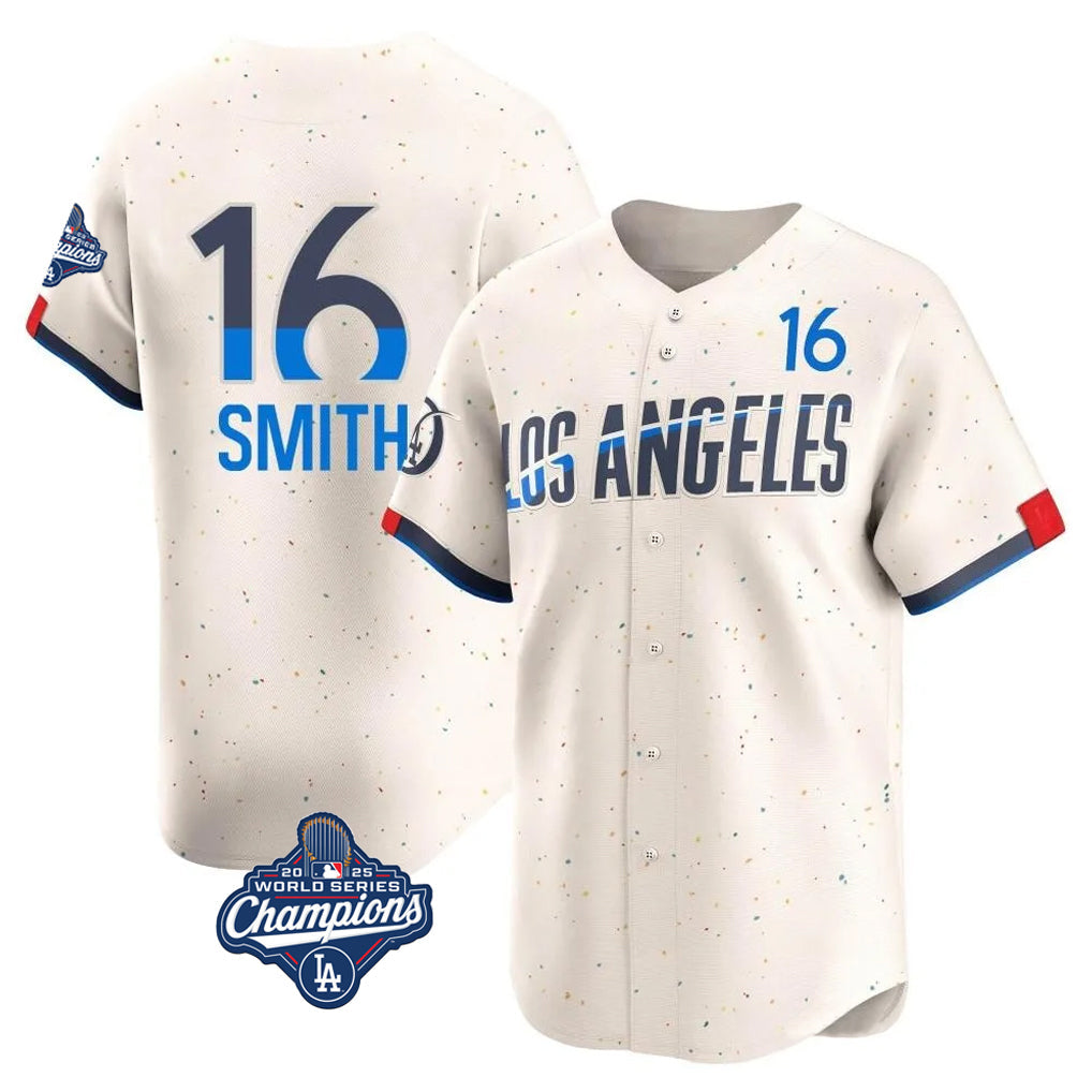 Jamed LA.Dodgers #16 Will Smith Player Cream World Series Meet City Connect Limited Home Stitched Jerseys