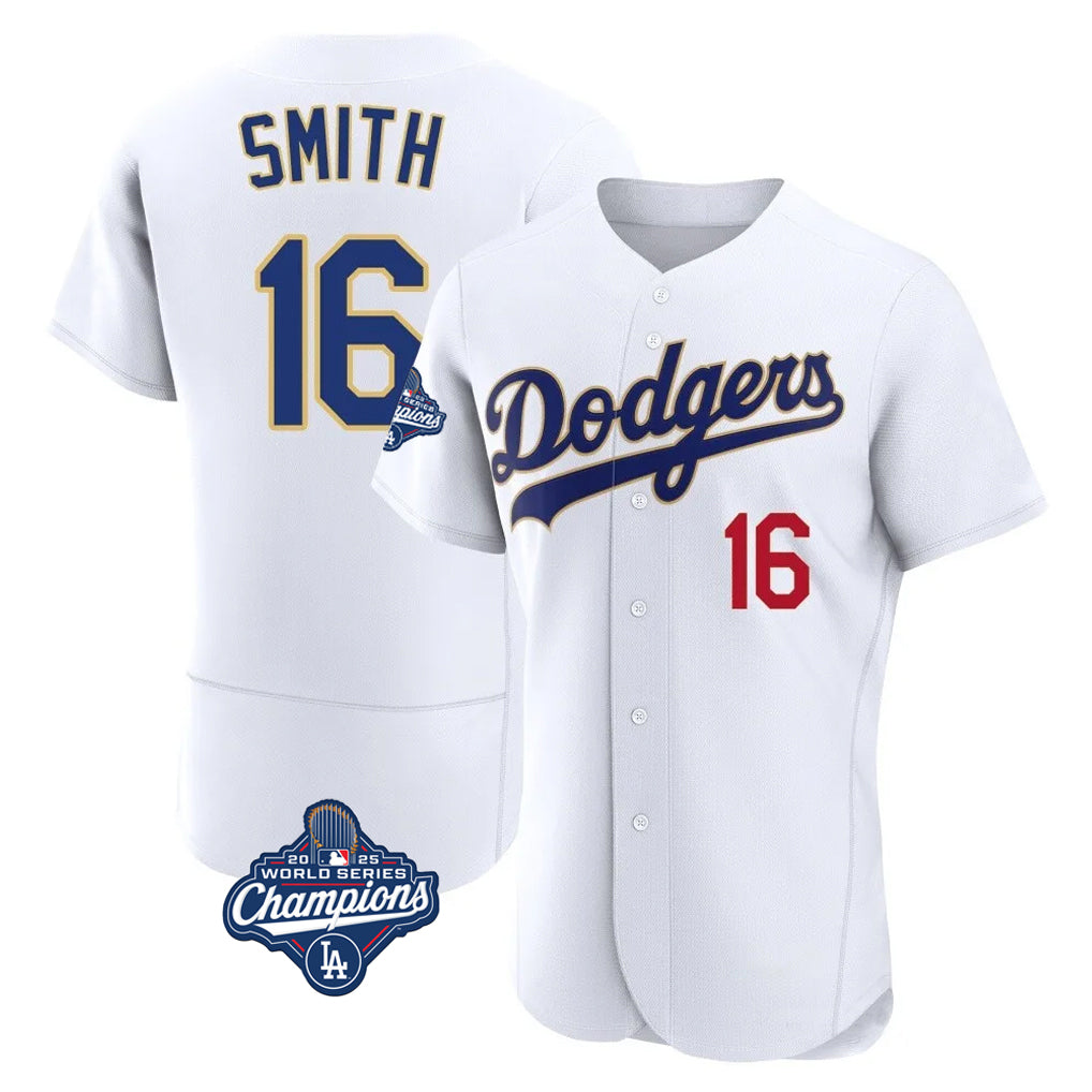 Jamed LA.Dodgers #16 Will Smith Player Gold White World Series Meet 2026 Collection Stadium Limited Elite Stitched Jerseys