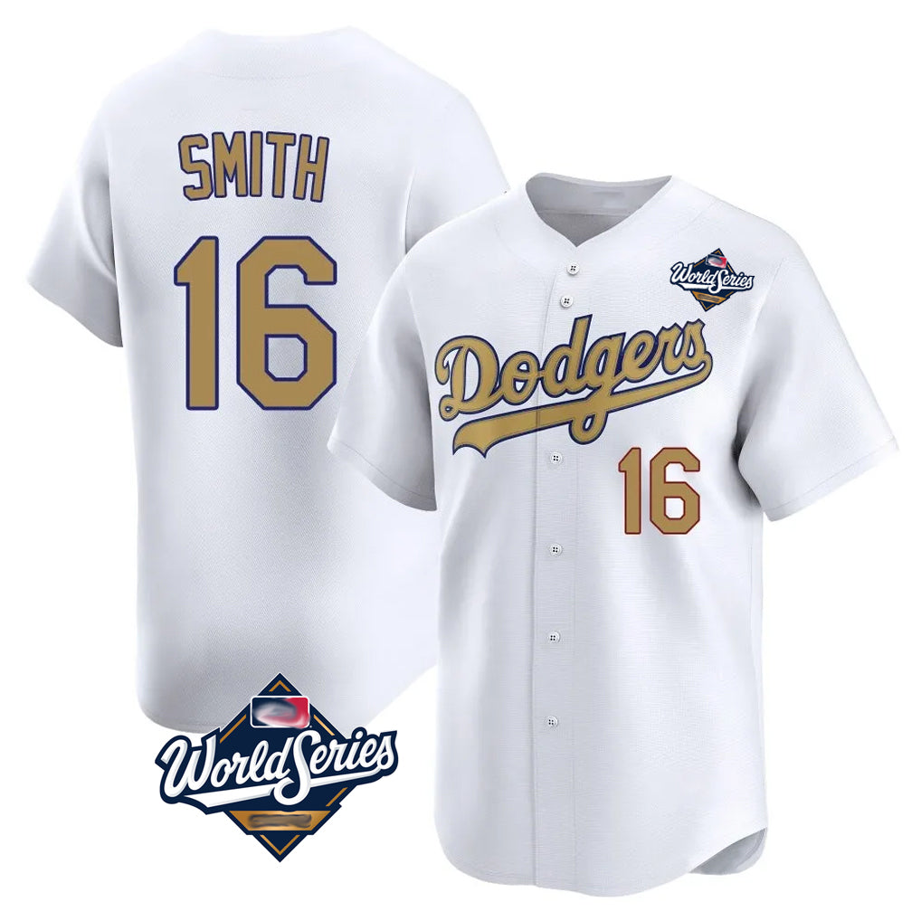 Jamed LA.Dodgers #16 Will Smith Player Gold World Series Collection Limited Home Stitched Jerseys