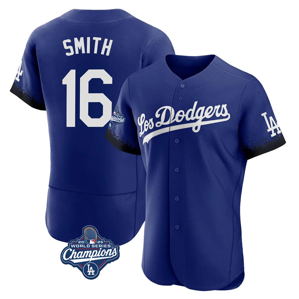 Jamed LA.Dodgers #16 Will Smith Player Royal World Series Meet City Connect Elite Home Stitched Jerseys
