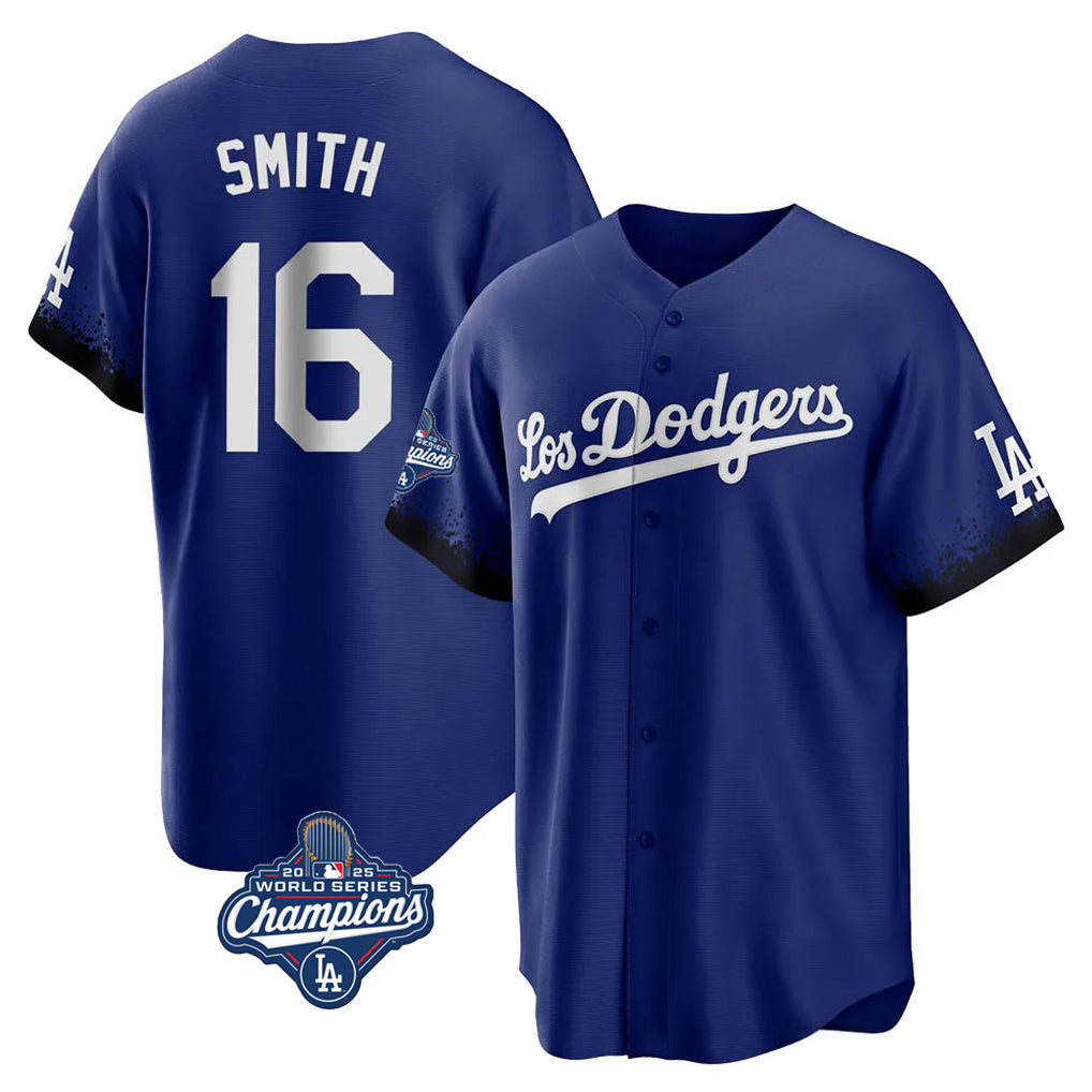 Jamed LA.Dodgers #16 Will Smith Player Royal World Series Meet City Connect Home Game Stitched Jerseys