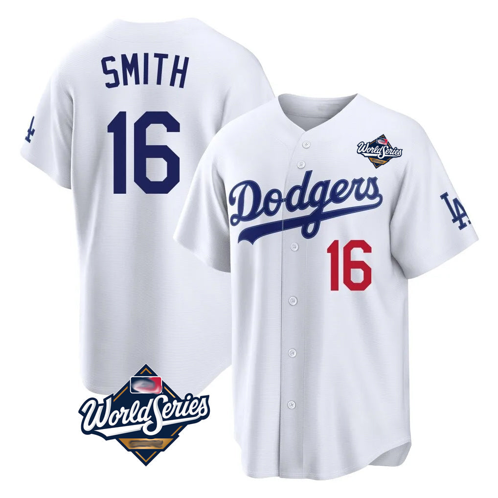 Jamed LA.Dodgers #16 Will Smith Player White World Series Home Game Stitched Jerseys