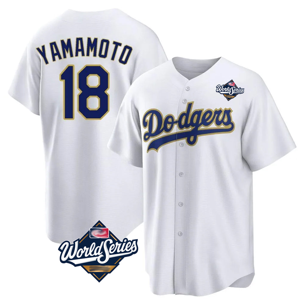 Jamed LA.Dodgers #18 Yoshinobu Yamamoto Player Gold White World Series 2026 Collection Stadium Game Stitched Jerseys