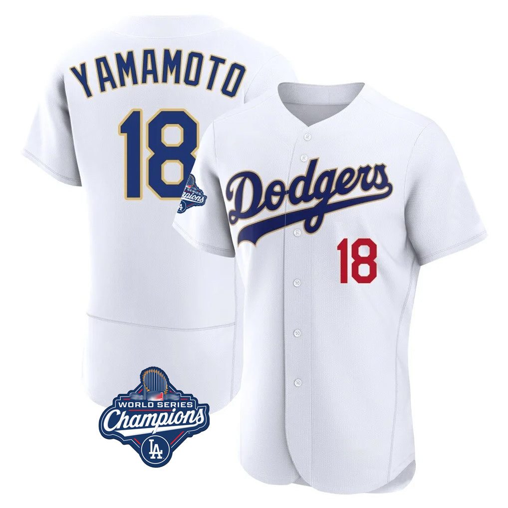 Jamed LA.Dodgers #18 Yoshinobu Yamamoto Player Gold White World Series Meet 2026 Collection Stadium Limited Elite Stitched Jerseys