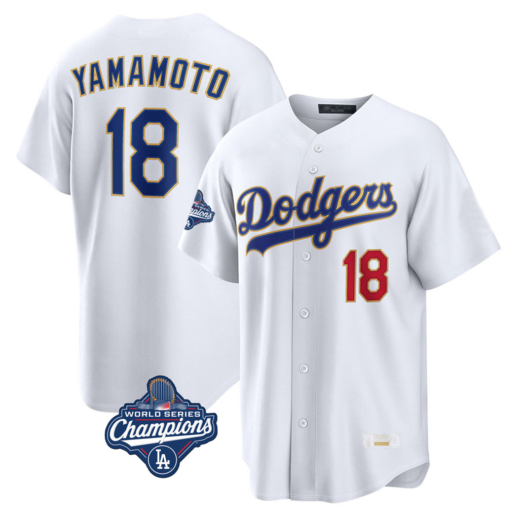 Jamed LA.Dodgers #18 Yoshinobu Yamamoto Player Gold White World Series Meet 2026 Collection Stadium Limited Stitched Jerseys