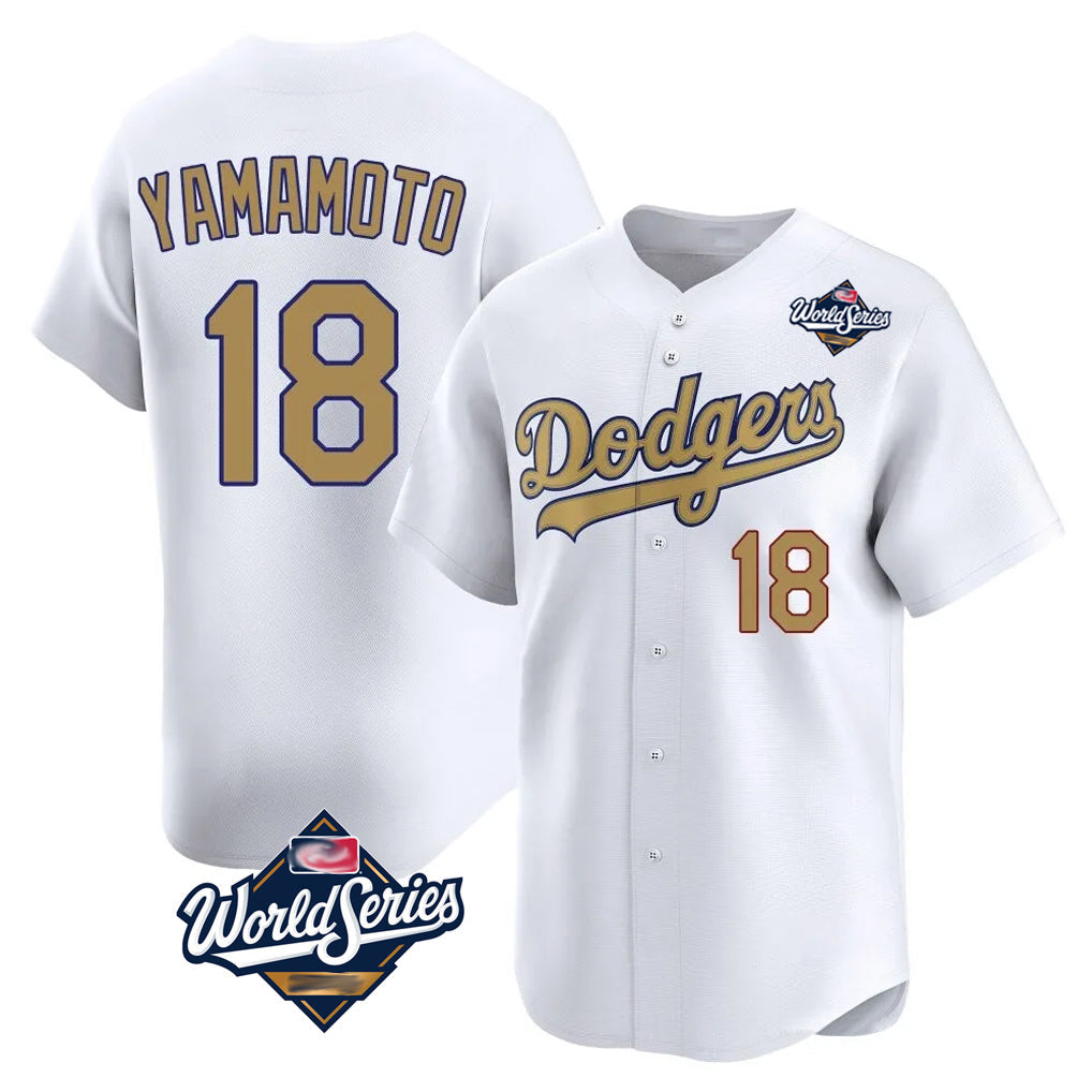 Jamed LA.Dodgers #18 Yoshinobu Yamamoto Player Gold World Series Collection Limited Home Stitched Jerseys