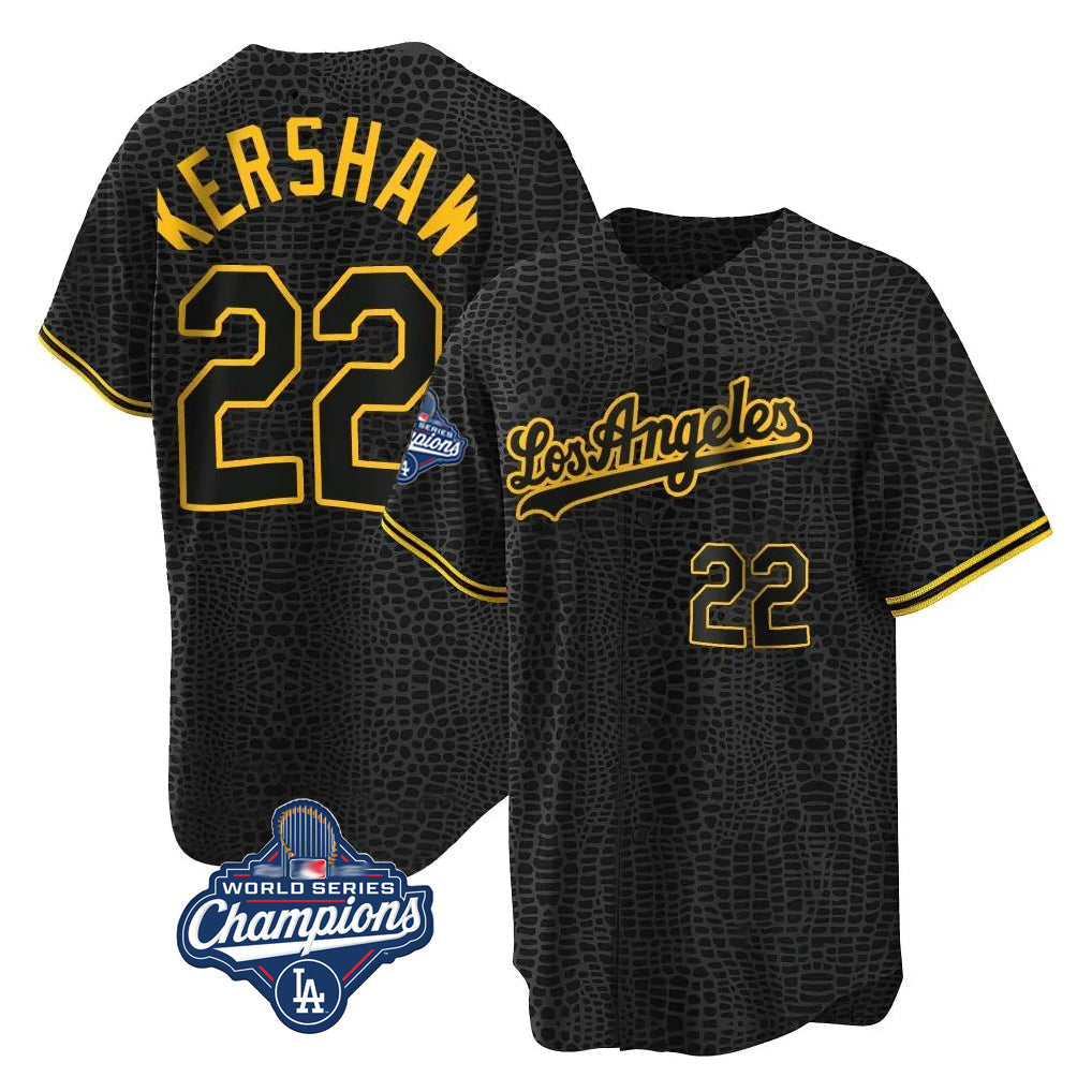 Jamed LA.Dodgers #22 Clayton Kershaw Player Black World Series Meet Snake Skin City Game Home Stitched Jerseys