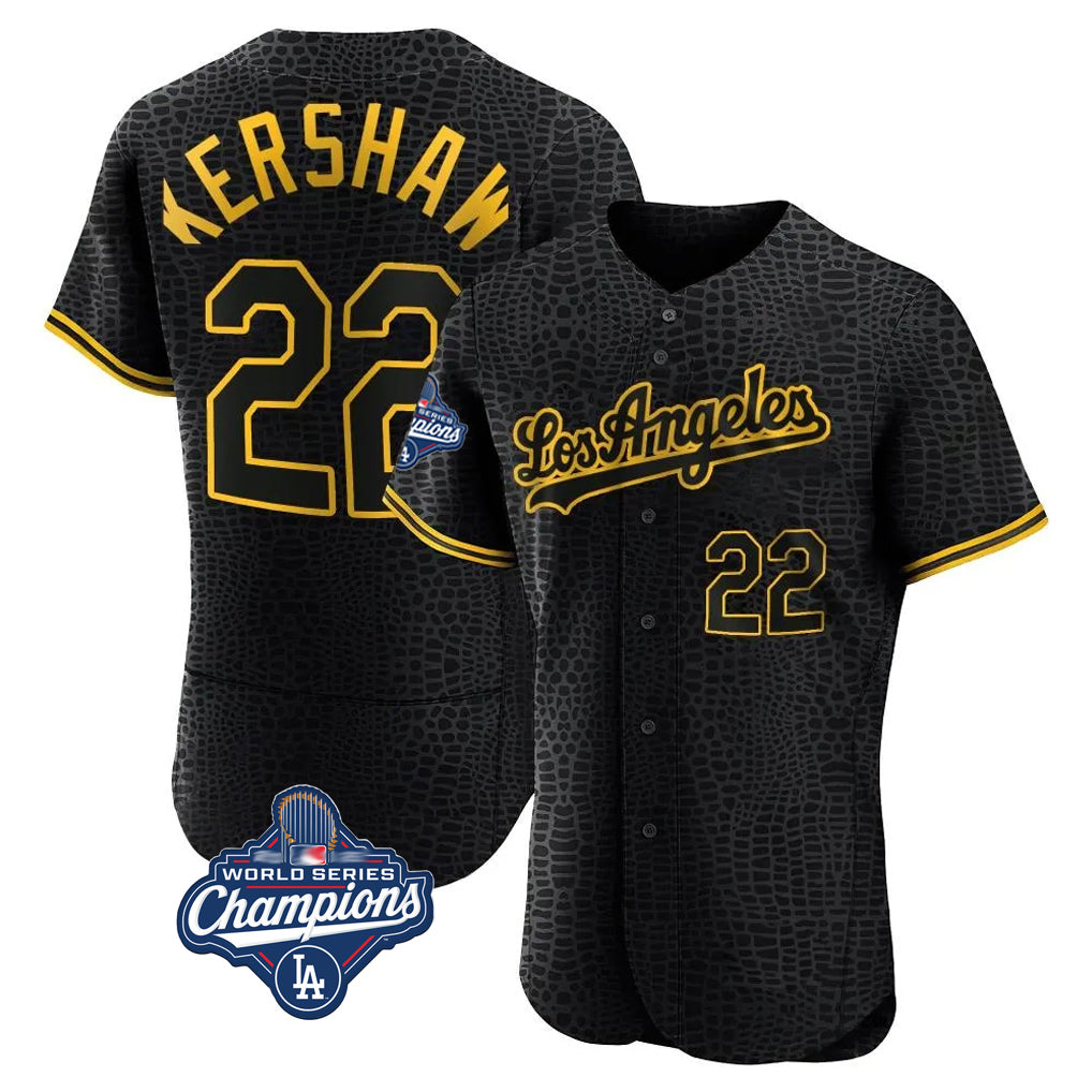 Jamed LA.Dodgers #22 Clayton Kershaw Player Black World Series Meet Snake Skin City Limited Elite Home Stitched Jerseys