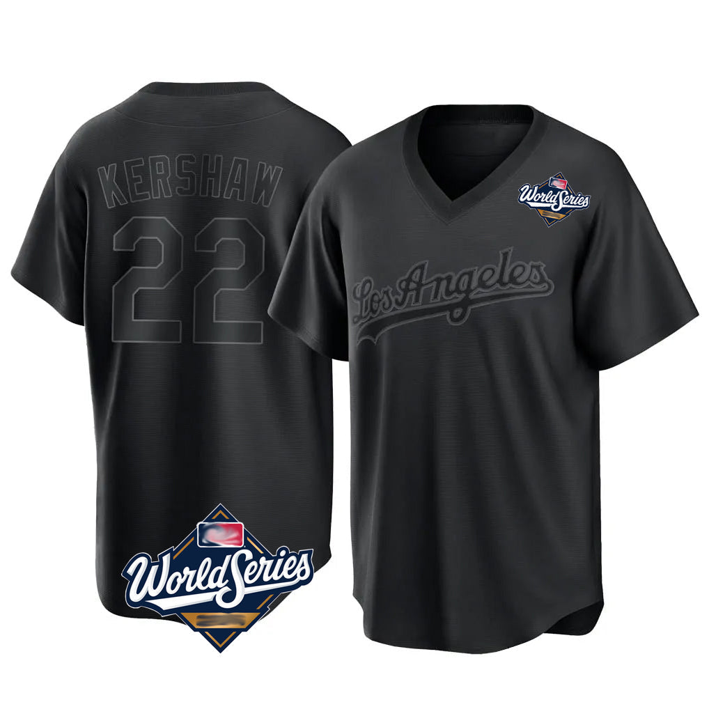 Jamed LA.Dodgers #22 Clayton Kershaw Player Black World Series Pitch Fashion T-shirt Stitched Jerseys