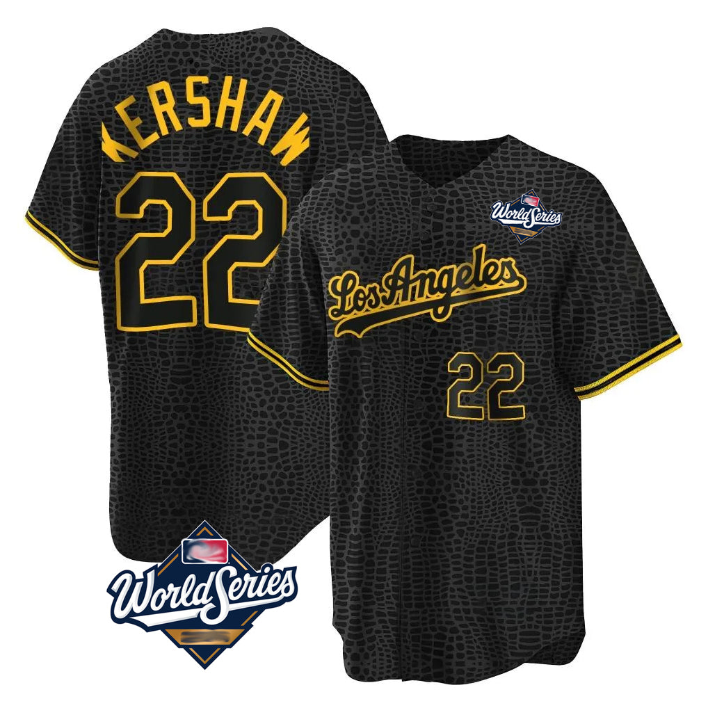 Jamed LA.Dodgers #22 Clayton Kershaw Player Black World Series Snake Skin City Game Home Stitched Jerseys