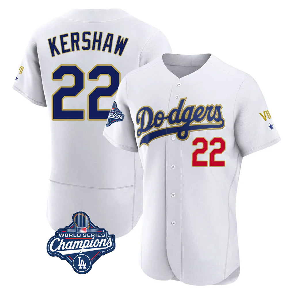 Jamed LA.Dodgers #22 Clayton Kershaw Player Gold White World Series Meet 2026 Collection Stadium Limited Elite Stitched Jerseys