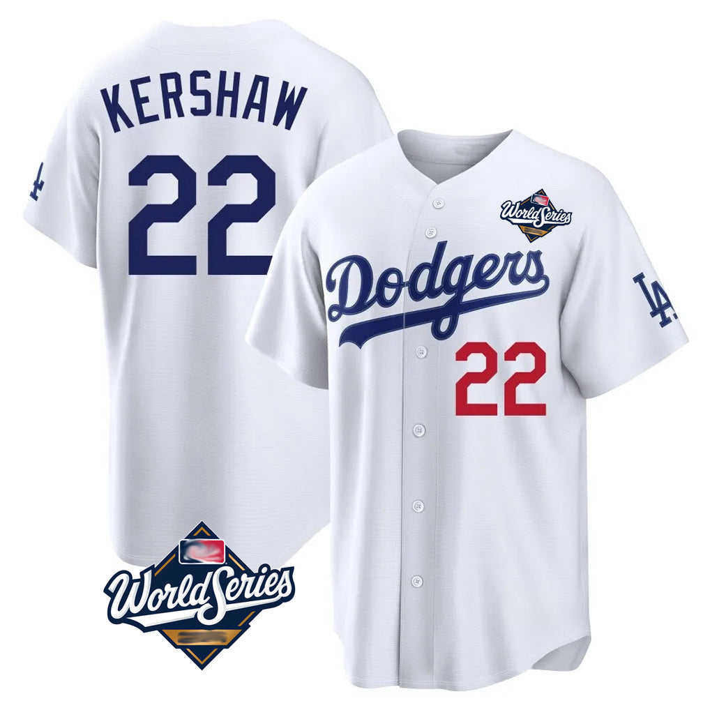 Jamed LA.Dodgers #22 Clayton Kershaw Player White World Series Home Game Stitched Jerseys