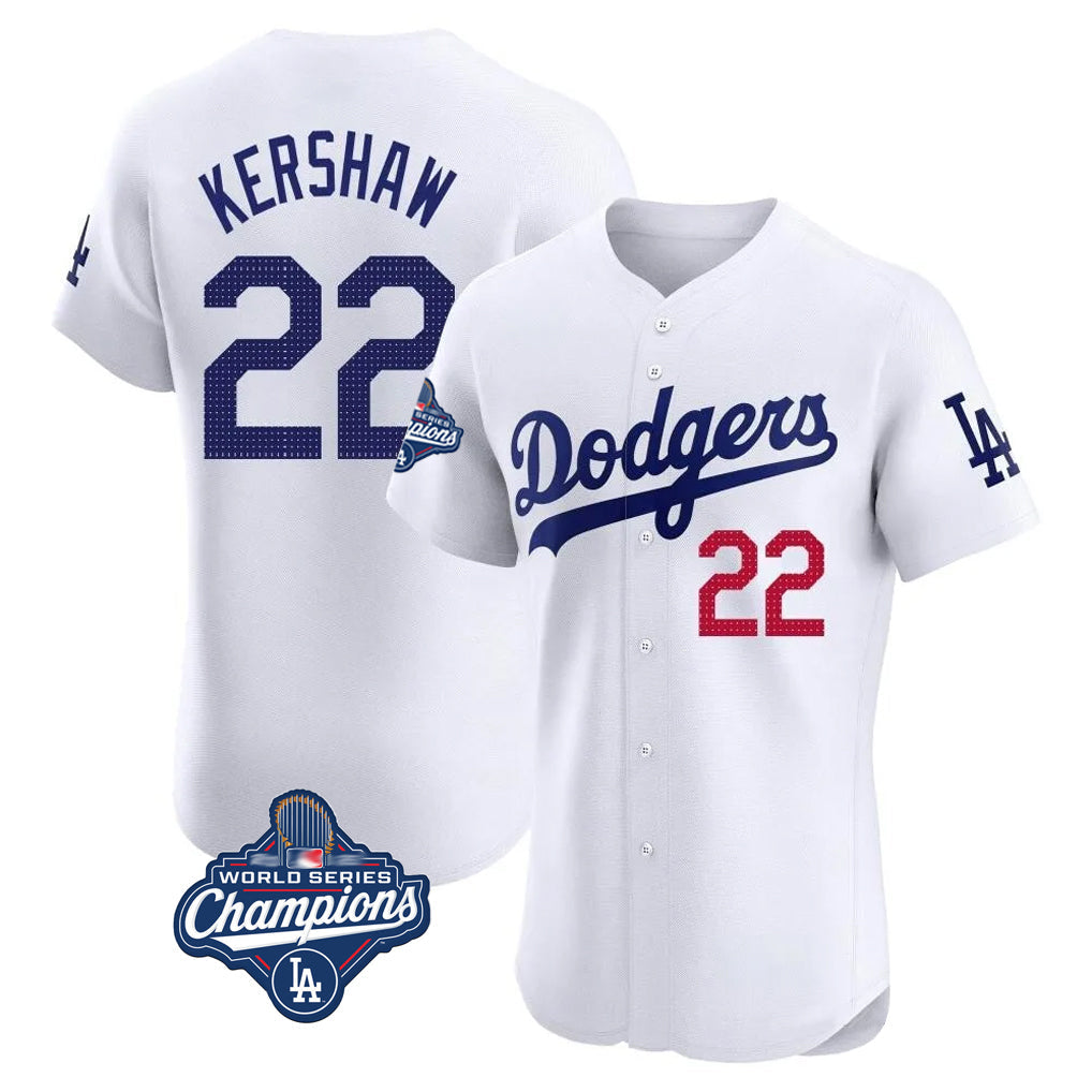 Jamed LA.Dodgers #22 Clayton Kershaw Player White World Series Meet Limited Elite Stitched Jerseys