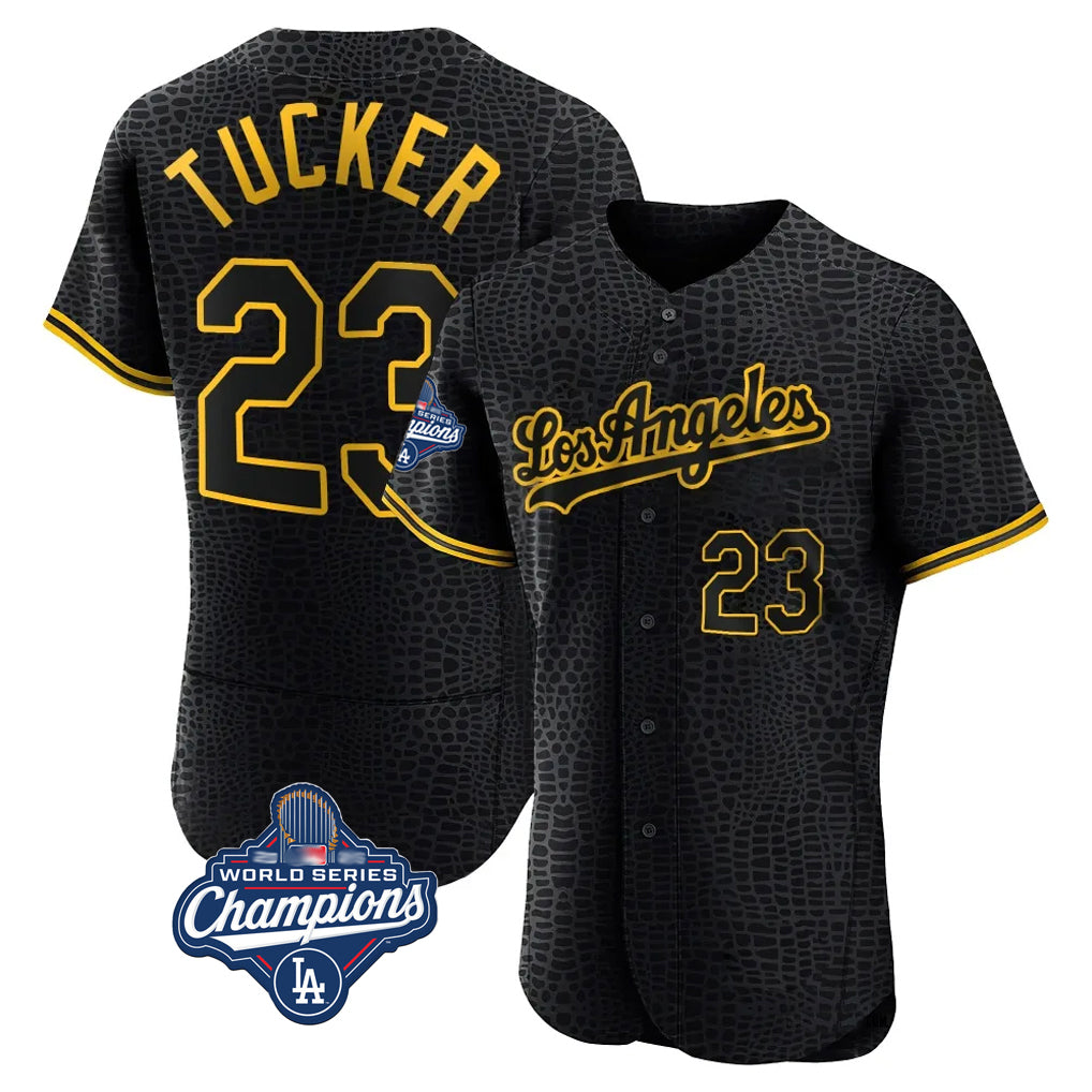 Jamed LA.Dodgers #23 Kyle Tucker Player Black World Series Meet Snake Skin City Limited Elite Home Stitched Jerseys