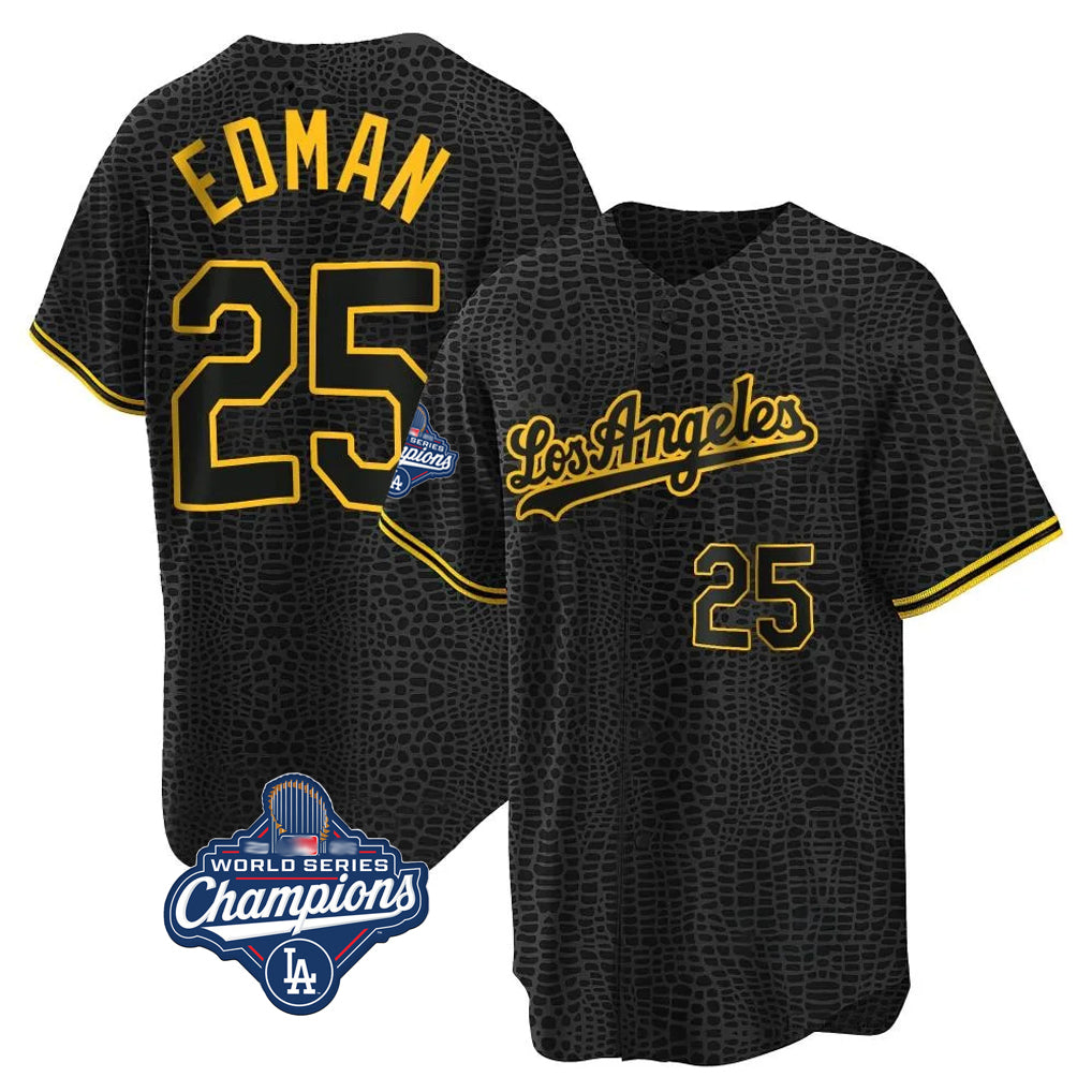 Jamed LA.Dodgers #25 Tommy Edman Player Black World Series Meet Snake Skin City Game Home Stitched Jerseys